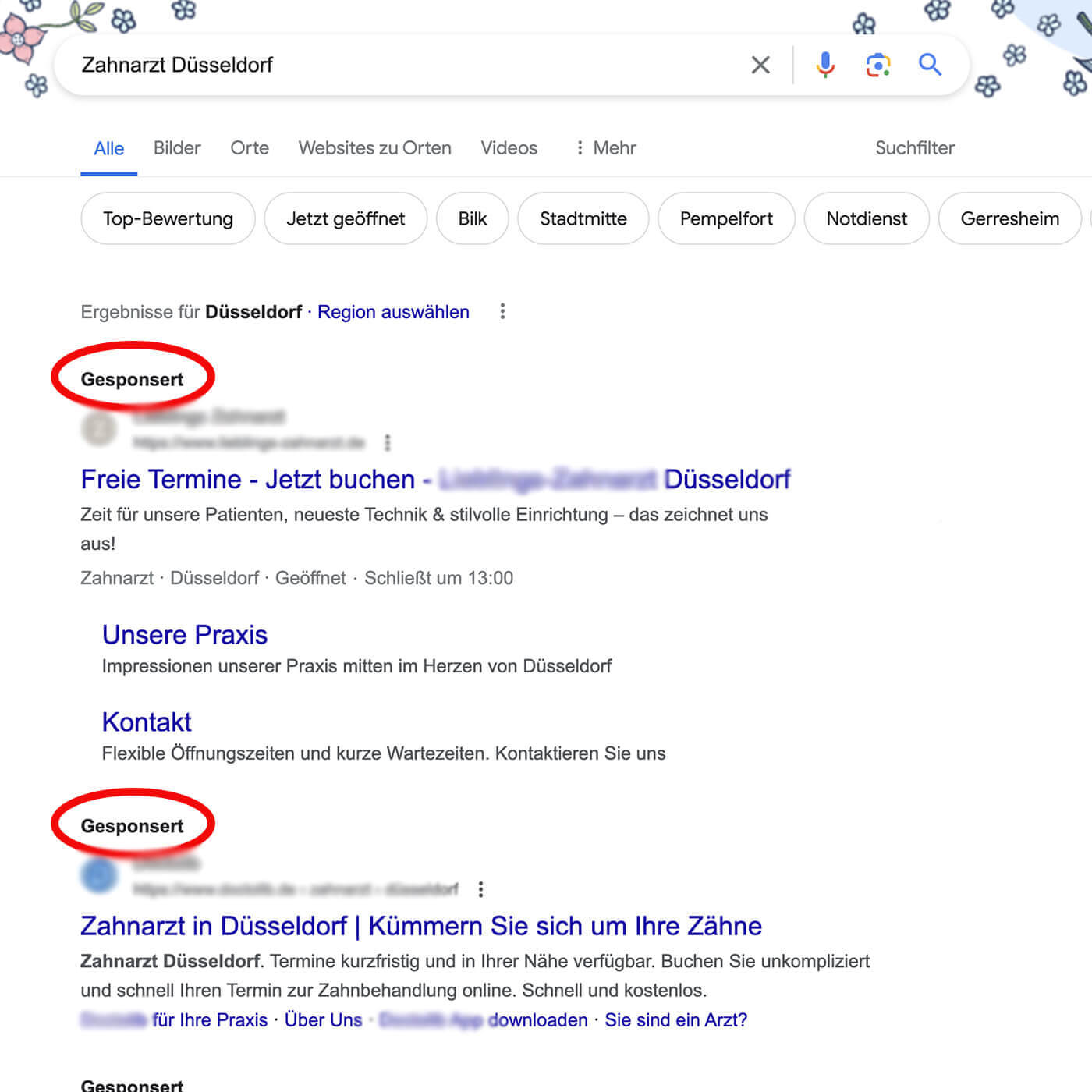 Google Werbung Zahnarzt Ergebnisse Vorschau