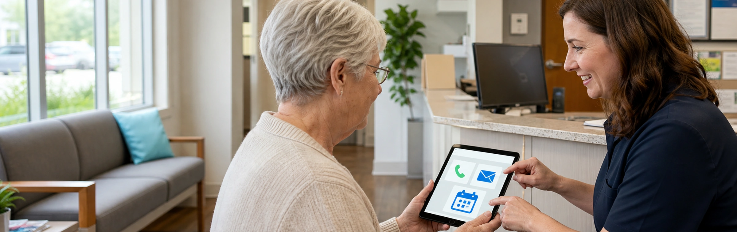Ältere Patientin nutzt eine barrierearme Praxis-Website auf einem Tablet