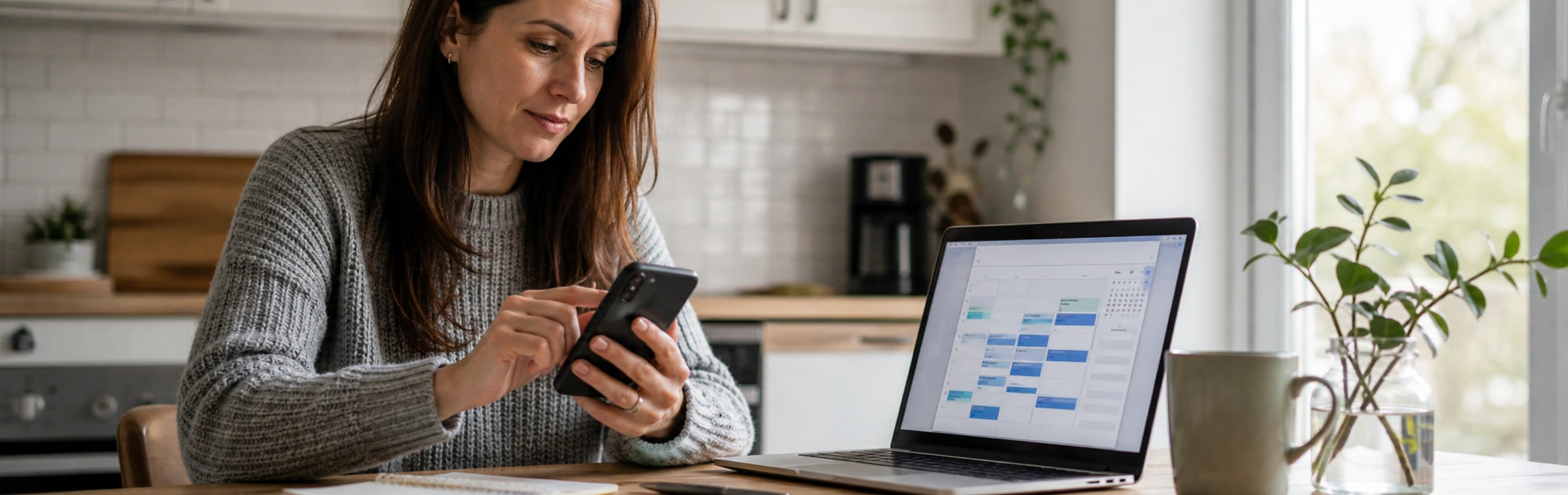 Patientin bucht online einen Arzttermin über Smartphone und Laptop
