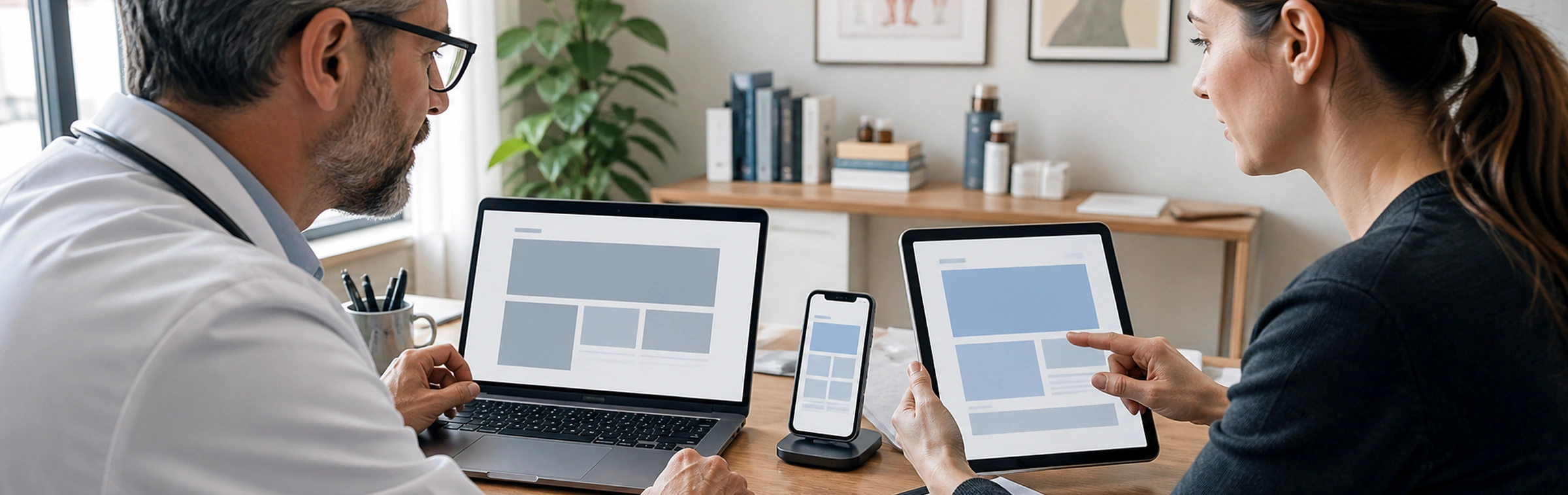 Arzt und Webdesignerin testen eine Praxis-Website auf Laptop, Tablet und Smartphone