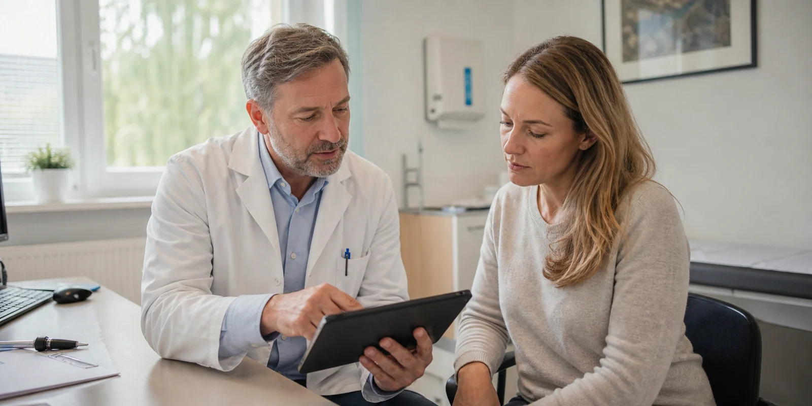 Arzt und Patientin besprechen gemeinsam eine moderne Praxis-Website auf einem Tablet